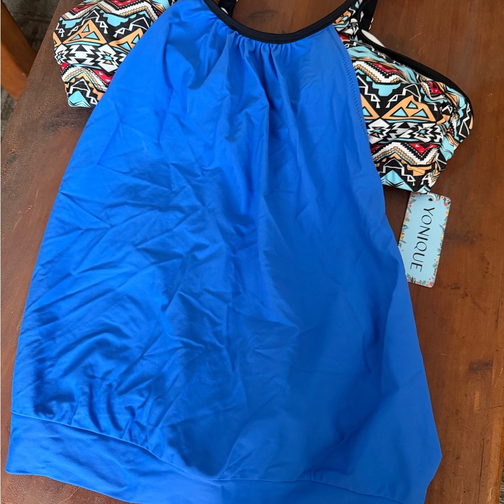 Younique Women’s Blue Halter Swim Top with Aztec Trim